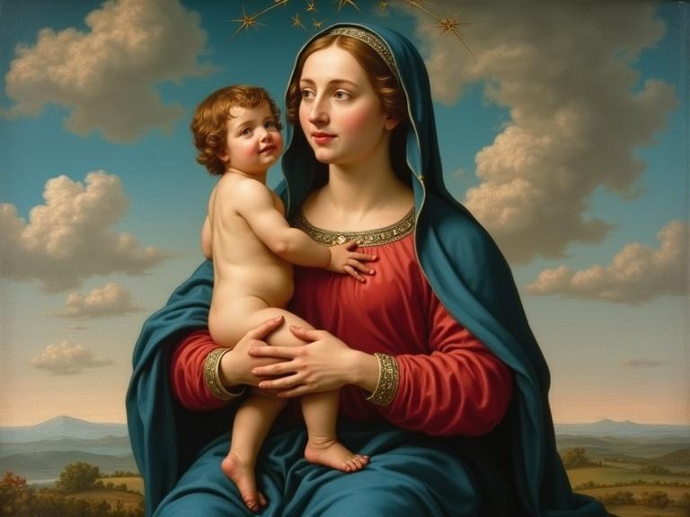 Virgin Mary holding baby Jesus in a Baroque painting style. Features a background with fluffy clouds.