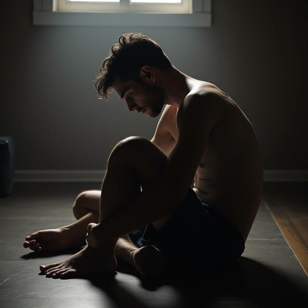 Submissive guy sitting on the floor looking down. The scene has dim lighting creating a somber mood. The figure displays an introspective posture while sitting. The surroundings are minimal and the focus is on emotional expression without facial visibility.