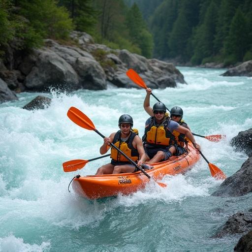 Group of friends enjoying a thrilling whitewater kayaking adventure on a rapid-filled river. Participants display teamwork while navigating challenging waters and enjoying the surrounding nature.