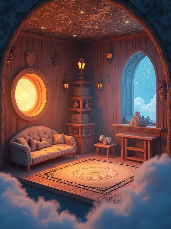 Cozy whimsical fantasy room above clouds with glowing portals to dimensions. Warm wooden walls with runes. Celestial map ceiling. Ambient dream lighting. Floating furniture and star particles. Magical creatures entering from portals. Ultra-detailed and soft surrealism mood.