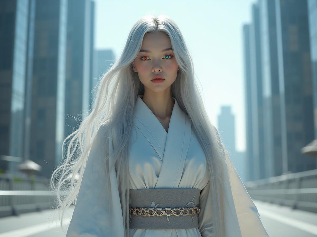 Bright surrealism art featuring a female figure with vivid red eyes and one blue eye. She has long flowing silver hair and is wearing a kimono made of marble stone. The setting is a futuristic city with tall steel skyscrapers.