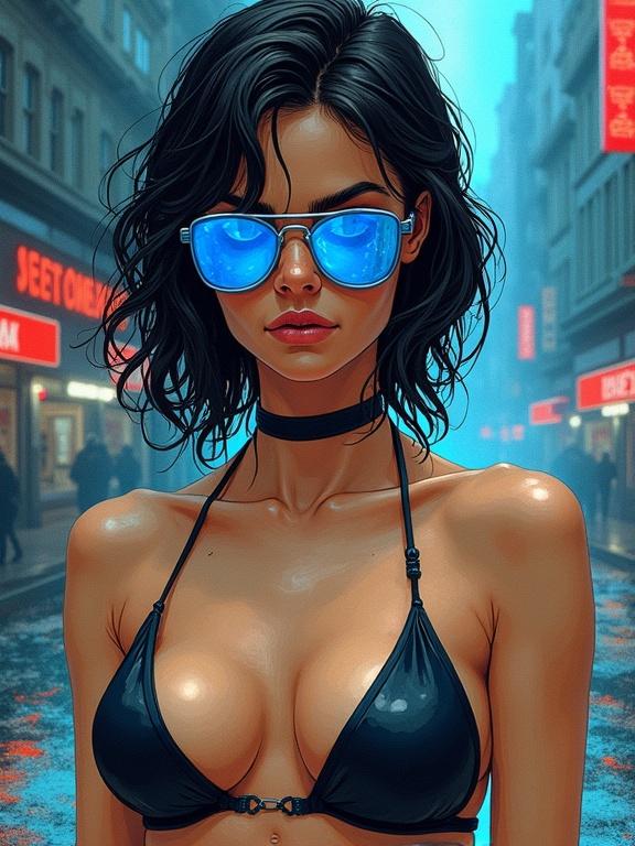 Close up portrait of a strong female character styled as Clara Oswald. Character wears a black and blue futuristic bikini with blue transparent holographic shades. Background features a dystopian future city inspired by Blade Runner. Illustrative stylized graphic novel art captures gritty and moody aesthetics. Focus on expressive ink lines and flowing forms. Mood and texture take precedence over realism.