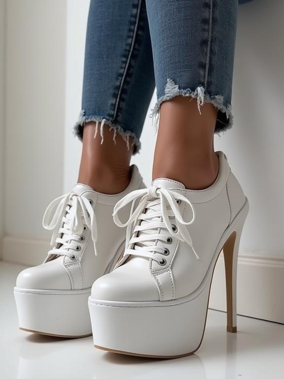 Close-up of white platform sneakers with high stiletto heels worn with distressed jeans.