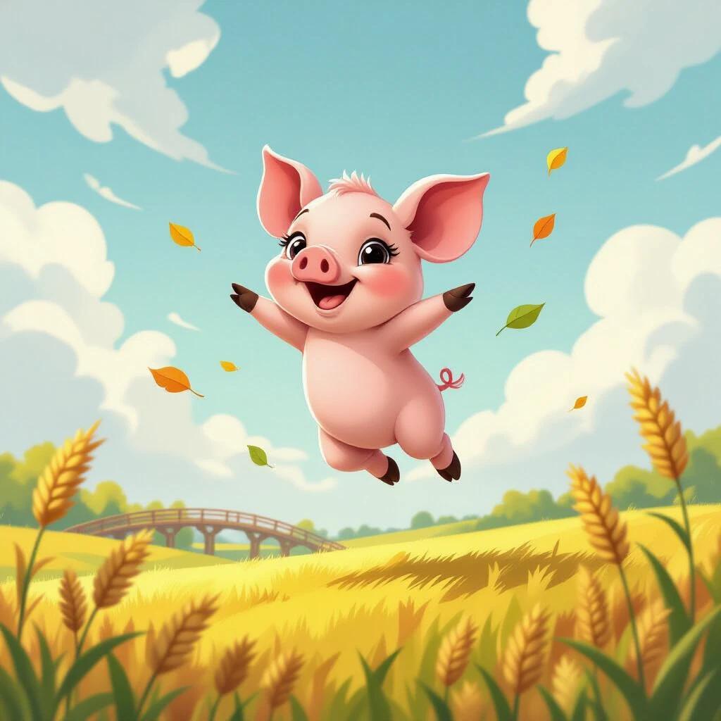 A cute cartoon pig jumps joyfully in the sky. It chases floating autumn leaves. The background features an open field and a distant bridge under a soft blue sky with clouds. The pig showcases bright pink ears and rosy cheeks. The scene radiates playful and dreamy vibes, creating a relaxed and joyful atmosphere.