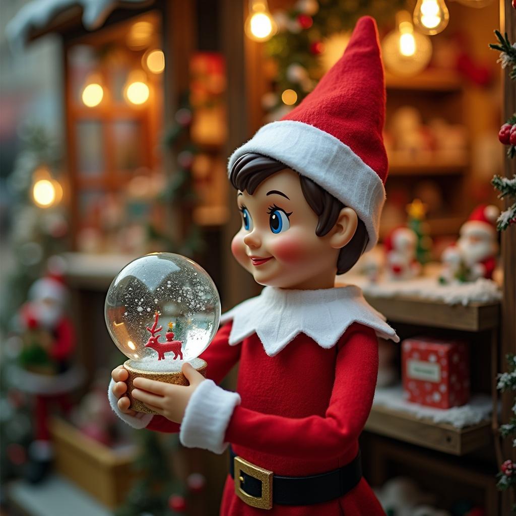 Christmas scene with an elf in red and white suit. The elf holds a snow globe. The background features a toy shop with festive decorations and glowing lights.