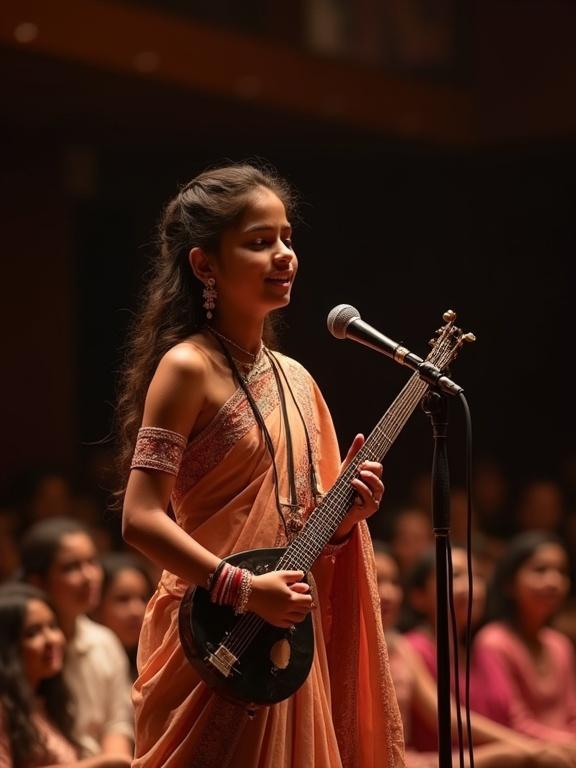 Young Indian girl performing classical music on stage. Dressed in elegant saree. Holding a tanpura. Expressing passion and serenity. Warm theatrical lighting enhances stage atmosphere. Engaged audience in soft focus background.