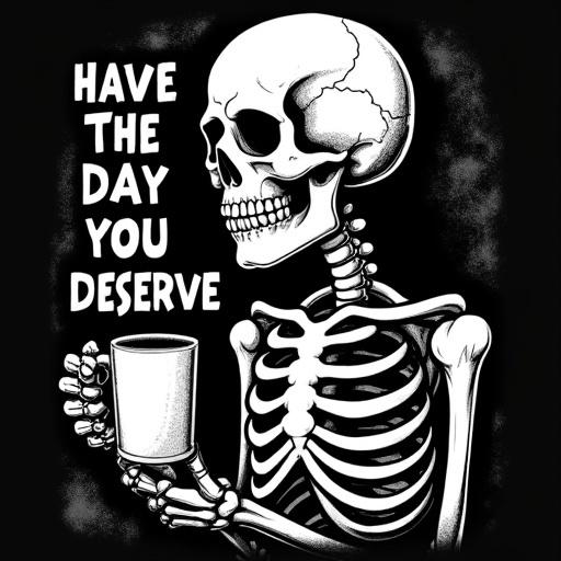 Bold cartoonish skeleton holding a coffee mug. Sarcastic text 'Have the Day You Deserve' in a distressed retro font. Grunge texture. Exaggerated skeleton features for humorous vibe. Unisex oversized t-shirt aesthetic. High-contrast vintage style. Optimized for black t-shirt printing.