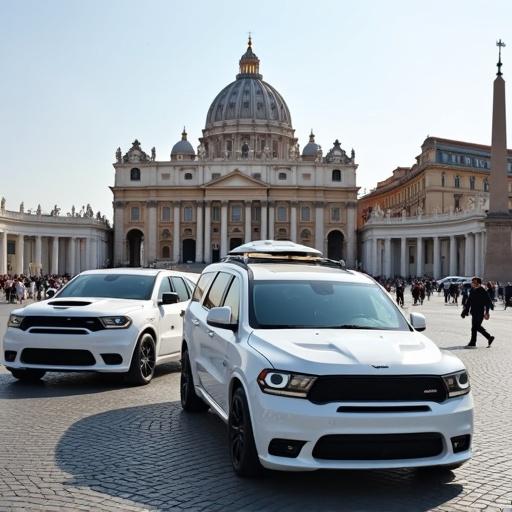 White Chrysler Voyager as popemobile in St. Peter's Square with a white Dodge Challenger Hellcat and a white Dodge Durango SRT Hellcat nearby.