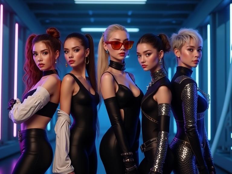 Close up of a female fashion music group posing. Five women in sleek outfits. Each woman has unique style. Dark background with colorful lights. Glossy floor reflects the scene. Sharp focus on details and textures.