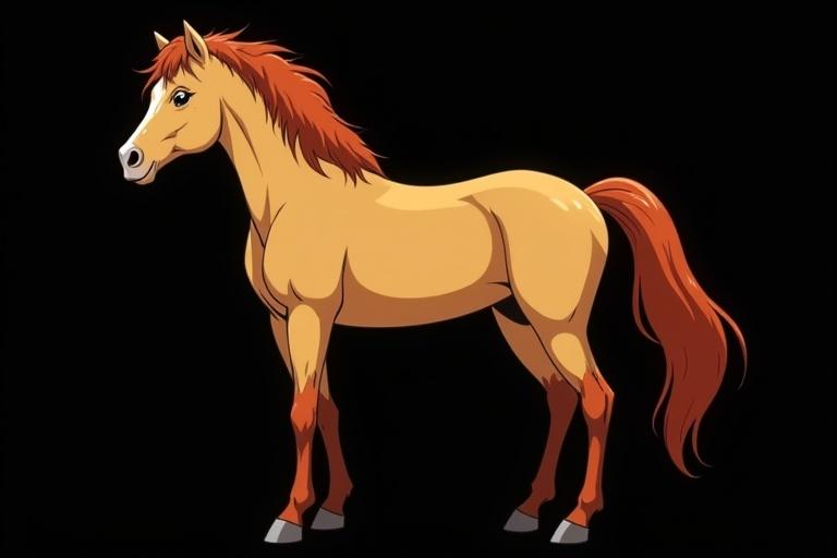 Light yellow horse with reddish-brown fur with darker stripe on the back and darker legs. Anime style with black background.