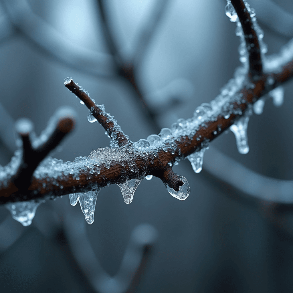 This image captures a close-up view of a tree branch covered in a layer of ice. Crystal-clear icicles hang delicately from the branch, glistening in the cold light. The background is softly blurred, highlighting the intricate details of the ice formations. The scene conveys a sense of calm and stillness, typical of a winter landscape.