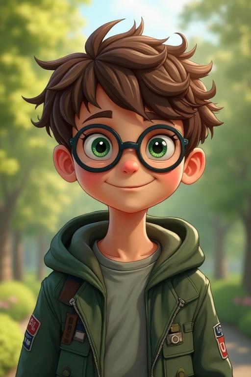 A cartoon-style image of a young boy with glasses and brown hair. He has green eyes and stands in a lush garden. His clothing is casual with a hoodie and backpack.