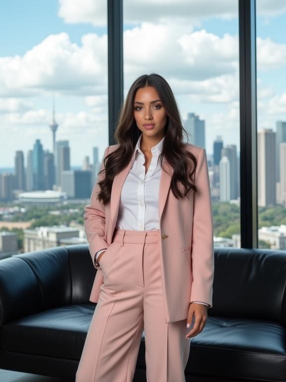 Photograph of a young woman in a pale pink suit in a modern office. She has long wavy brunette hair and a light complexion. Her outfit includes a white shirt and wide-legged trousers. The scene features a city skyline view from a large window. The atmosphere is professional and sophisticated.