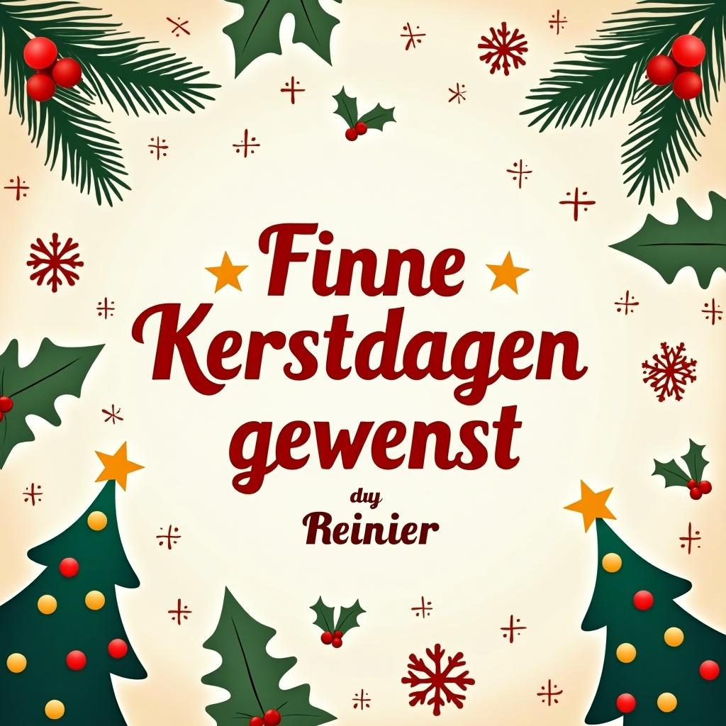 This is a beautifully designed Christmas card featuring festive elements. The card wishes 'Fijne Kerstdagen gewenst' which translates to 'Merry Christmas' in Dutch, signed by Reinier. The background is adorned with vibrant Christmas trees, holly leaves, and snowflakes. The dominant colors are green, red, and gold, creating a warm holiday atmosphere. The text is bold and centrally placed, making it a perfect greeting for the holiday season.