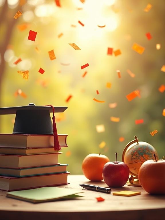 Realistic graduation scene featuring confetti drifting in the air. A table holds a stack of books layered with an apple and orange. A pen rests next to sticky notes. A small globe reflects the environment. Golden sunlight illuminates the scene.