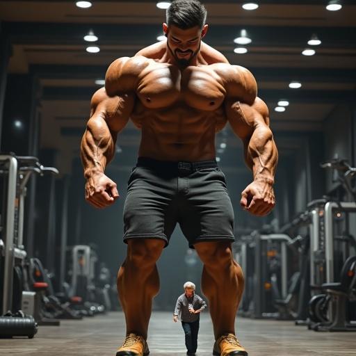 A hyper muscular east Asian male bodybuilder stands in an expensive futuristic gym. He looms above a tiny fat middle-aged white man who is only six inches tall. The giant bodybuilder looks down with a smirk, appearing intimidating. The small man appears terrified, pleading for forgiveness. The shot is a wide-angle, emphasizing the enormous size difference with ultra high quality and detailed features.
