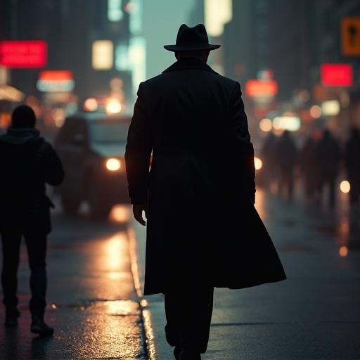 Handsome New York detective wearing a trench coat and hat. The detective walks away from the viewer while looking back over his shoulder. Scene set in a city street at night with blurred lights and people walking. Moody and atmospheric feel with a sense of mystery.