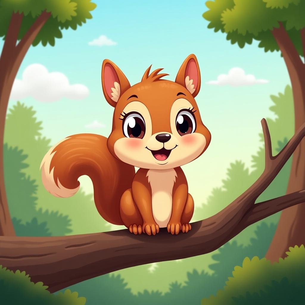 Cartoon cute squirrel with big eyes and a happy face, sitting on a big branch, with a forest background on a sunny day and little clouds in a blue sky.