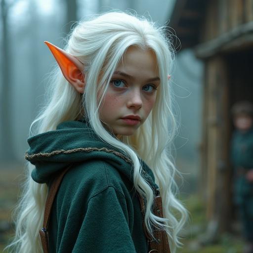 A pale teenage elf with white hair and blue eyes is seen leaving her village. The setting is a misty forest with a rustic hut in the background.