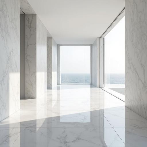 Minimalistic interior of luxury villa floor with polished white marble tiles. Space is seamless and reflective with no furniture or features. Bright natural lighting enhances the ambiance.