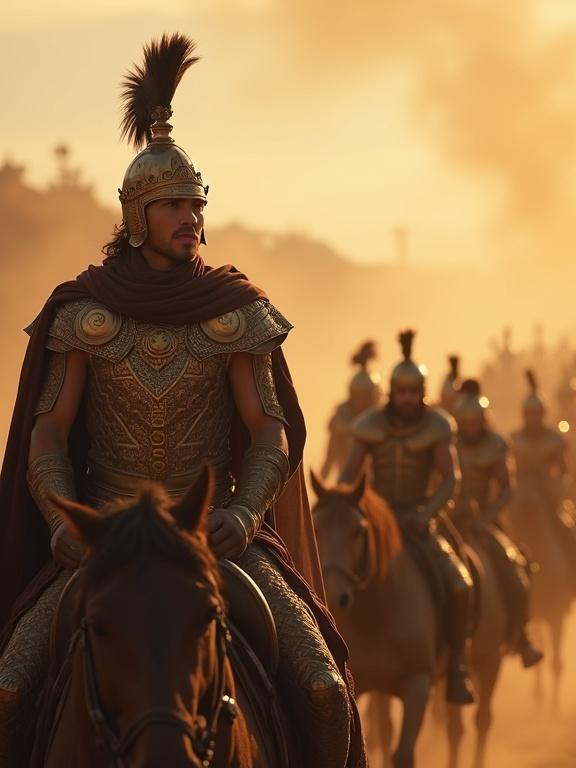 Menacing cinematic shot of a Canaanite commander in bronze armor. Commander stands in a chariot with ornate helmet. Behind him are numerous chariots in dust. Sunlight glints off the armor. Expression shows arrogance and confidence.