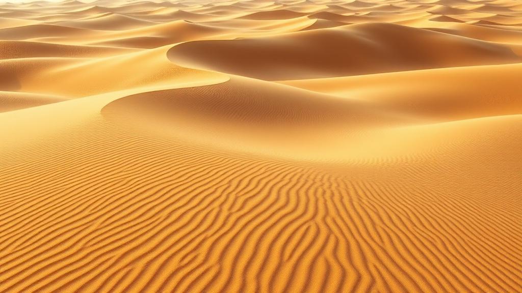 This image captures a stunning desert landscape with rolling sand dunes extending towards the horizon. The sand is finely textured, and the warm golden tones create a mesmerizing pattern. The lighting is soft, casting gentle shadows that enhance the undulating shapes of the dunes.