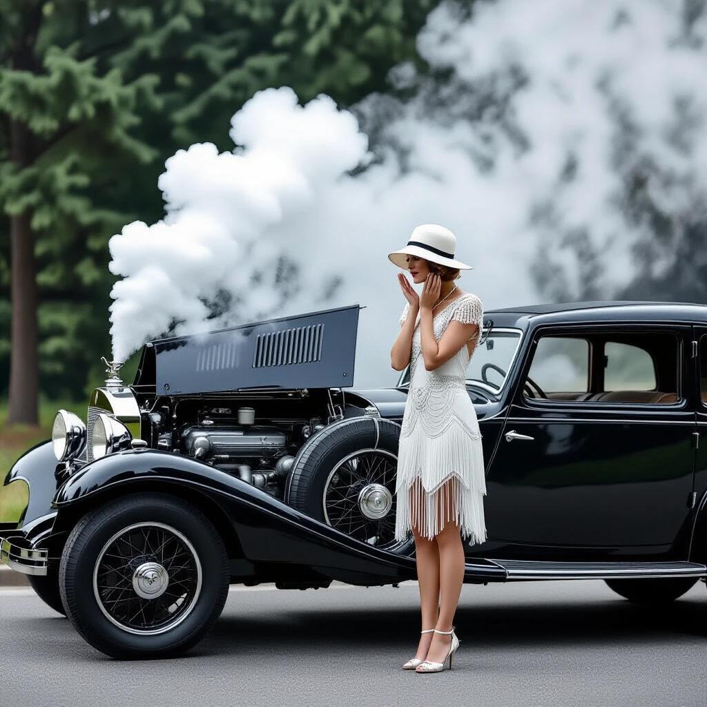 Photorealistic street scene depicting a socialite next to a vintage Mercedes-Benz car. The woman is wearing a white dress and a cloche hat. She is standing beside the car, leaning over the fender with her palms on her cheeks, looking into the engine. The hood is fully opened with steam pouring out from the radiator. The background includes lush trees and a misty mountain.