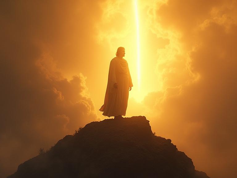 Enoch standing on a mountain peak surrounded by divine light. Realistic style with dramatic golden light. Aspect ratio is 9:16.