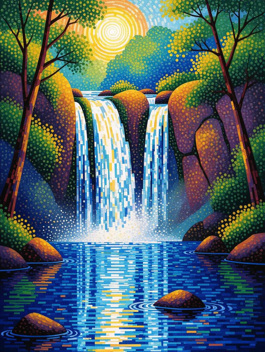 Waterfall created using pointillist technique with thousands of individual color dots inspired by Georges Seurat. The artwork showcases optical color mixing and meticulous dot application.