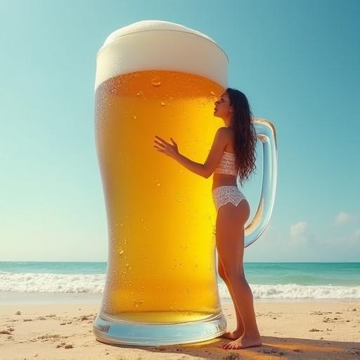 A large beer mug is set on the beach. A woman stands beside the mug looking amazed at its size. The scene is sunny and vibrant.