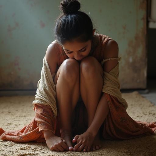 An Indian woman in clothing sits on the floor with her feet intertwined behind her head. She has a contemplative posture.
