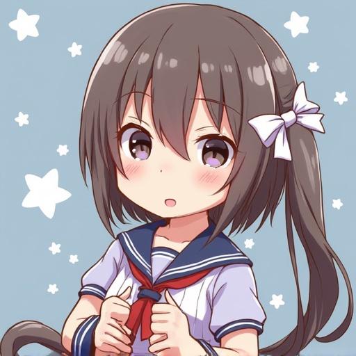 Illustration of a character in a school uniform with a bow in the hair. Character appears youthful and cute. Background features star motifs. Soft lighting and pastel colors enhance the overall aesthetic.