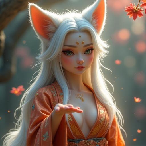 A divine fox goddess with fox features and a humanoid figure. Beautiful face with fox-like eyes and golden markings. Her expression serene and vulnerable. Lifelike skin partially covered in white fur. Large fox ears through long white hair. One hand extends gently toward the viewer. Other hand near chest. Wearing a ceremonial kimono with moon and star motifs. Surrounded by cherry blossoms and spirit flames. Twilight forest shrine in the background. Hyper-realistic style with emotional intimacy.