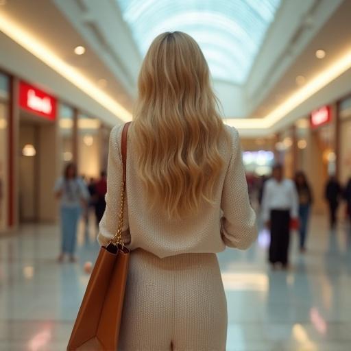 Blonde woman shopping in a mall in Dubai. The environment is bright and airy with a modern design. The focus is on the woman in a stylish outfit.