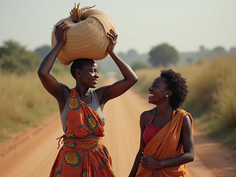 Image shows two African women walking on a dirt road. One woman carries a traditional woven basket on her head. Both women wear colorful dresses. The setting is a rural landscape. They appear engaged with each other as they walk.