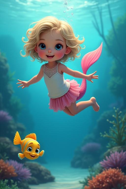 Dark blonde curly haired girl swims underwater with a pink tail. She wears a white string vest top. A vibrant fish accompanies her. The scene is photorealistic and colorful.