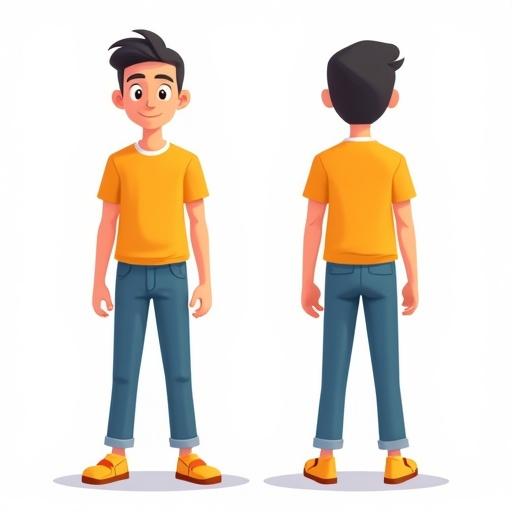 Character designed in minimalist style. Simple bright outfit. Displayed in four perspectives: front, side, back, 3/4 view. Background is plain white for animation. Male cartoon character in T-pose. Captured from front, side, and back views.