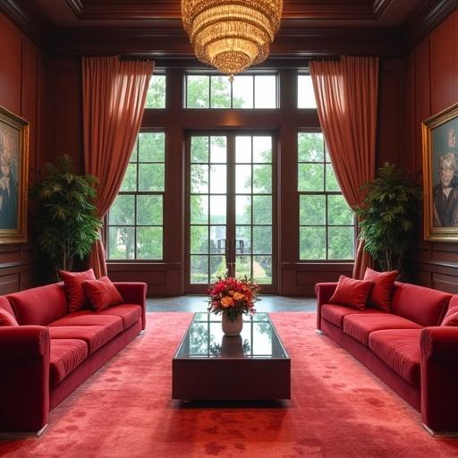 Interior of a modern and luxurious mega mansion collection room. Morning light illuminates the space. Features large windows. Two red sofas face a glass coffee table. Flowers in the center. Rich wooden paneling enhances elegance. Decorative plants add greenery. Portrait paintings adorn the walls. Chandelier overhead.