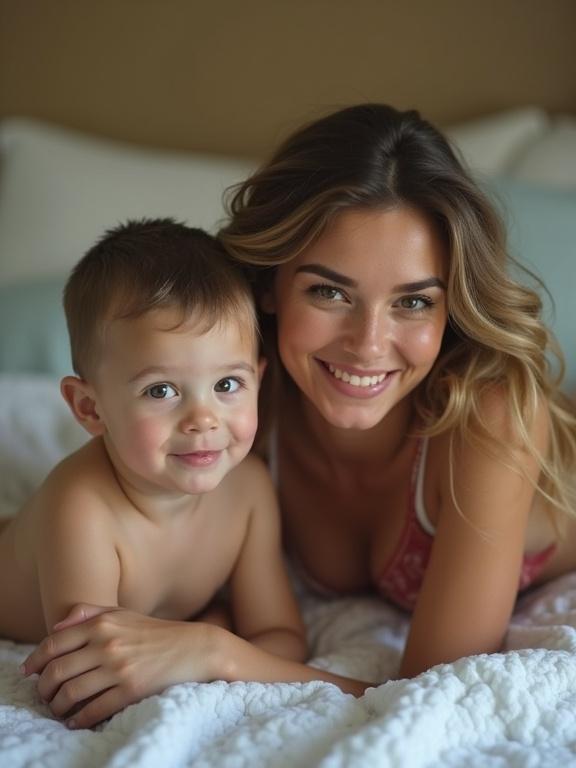 Woman and young boy lying on bed. Woman dressed in bra and panties. Soft and natural lighting. Close-up shot of smiling faces. Low resolution and slightly pixelated image with oversaturated colors.