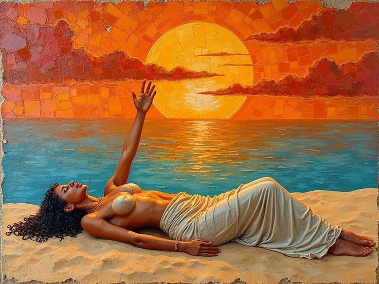 Ethereal beauty of an Arabian woman asking for help in the sands. Horizontal composition under an orange sunset sky. Intricate details captured in mixed media with sandy textures. Dynamic low-angle view emphasizes desperation and beauty.
