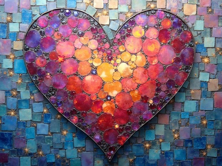 Mosaic heart made of iridescent ceramic tiles and colorful glass pieces. Abstract and ethereal design created using encaustic mixed media.