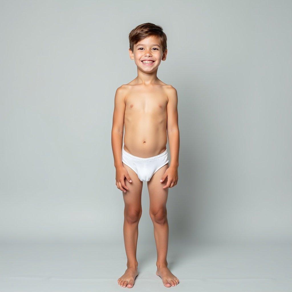 Image of a boy standing upright. Background is light gray. Boy wears white underwear. Atmosphere is calm with soft lighting. Pose is confident and relaxed. Style is minimalistic with focus on the subject.