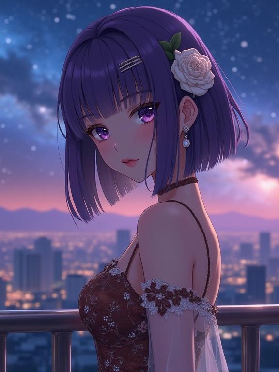 A beautiful anime character with violet hair in a bob cut. She has violet eyes and is wearing elegant accessories. Her evening dress is shiny brown with floral embroidery. She stands at an overlook during the night. The sky features a vibrant Milky Way and city lights sparkle below. The scene conveys a calm and elegant mood in anime style.