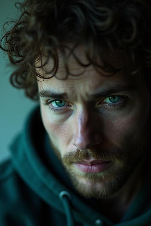 A captivating close-up portrait of a man featuring a slightly glowing teal eye. The background is an out-of-focus blur. The lighting casts a soft ambiance highlighting the intriguing eye. Curly hair frames the face softly, enhancing the artistic feel of the image.