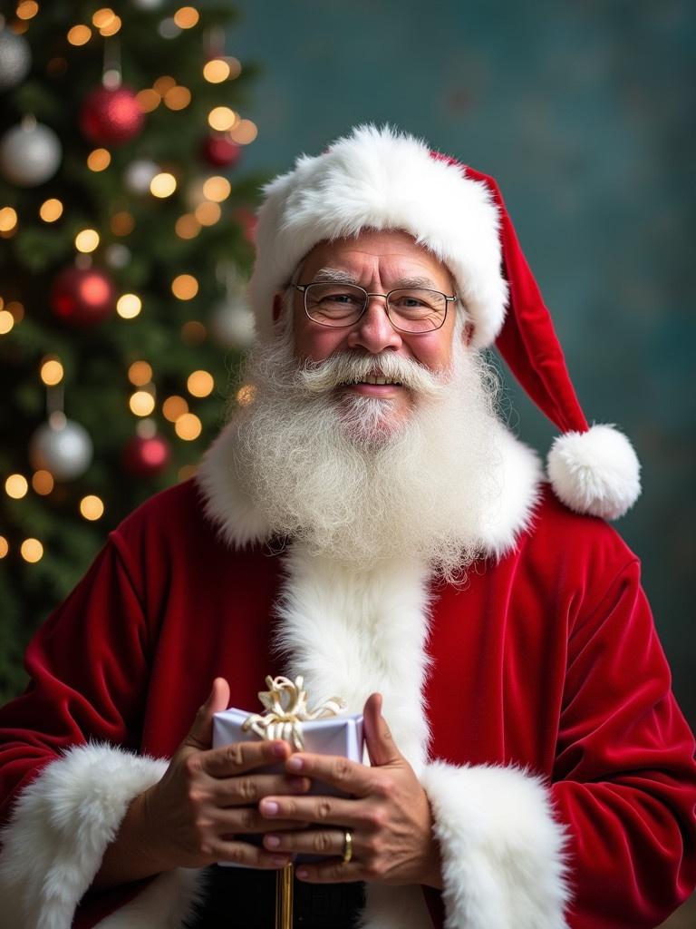 Santa Claus brings wellness gifts to a new wellness center. Festive atmosphere with a decorated Christmas tree. Focus on joy and giving during the holiday season.