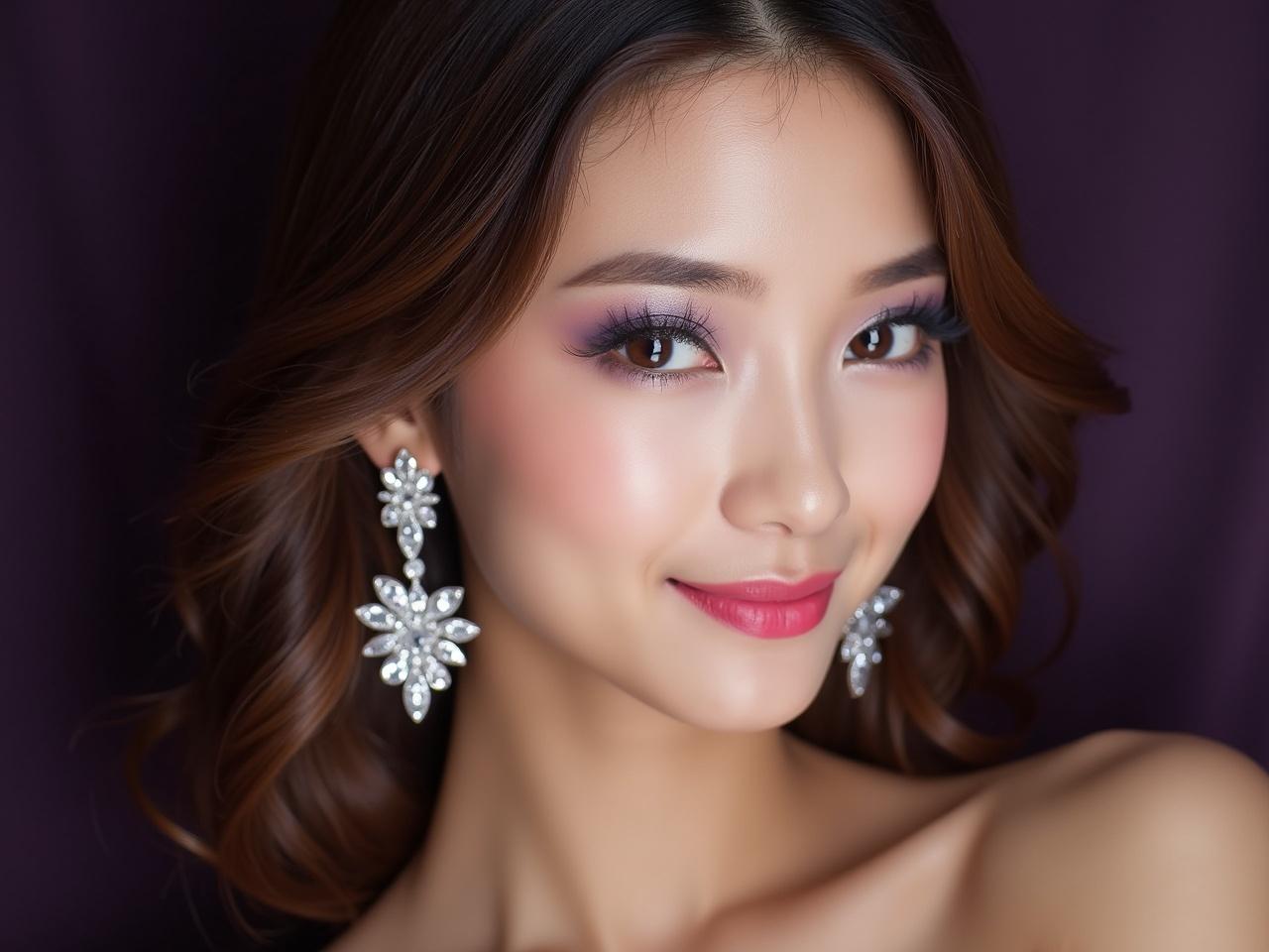 Close-up portrait of a young Asian woman with light brown hair, styled with soft waves cascading over her shoulders. She wears glamorous, sparkling diamond earrings that catch the light beautifully. Her makeup is striking, featuring light purple and silver eyeshadow that creates a smoky effect around her eyes, complemented by bright pink lipstick. Her expression is serene and subtly alluring, with a slight smile playing on her lips. The lighting is soft and diffused, highlighting her flawless skin as well as the shimmer of her makeup and jewelry. The background features a blend of dark purple and a lighter area, creating a sense of depth. The overall impression is one of elegance and beauty.