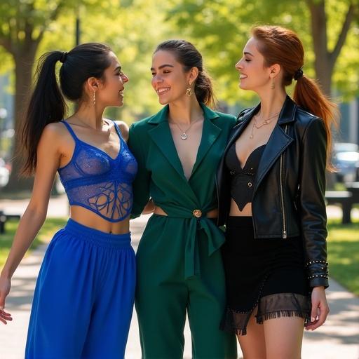 A vibrant urban park filled with warm afternoon sunlight. Lush trees and modern benches surround three stylish young women. They share laughter and playful poses. Each woman displays a unique modern outfit reflecting her personality. The first woman wears a sapphire blue ensemble and poses dynamically. The second woman embodies elegance in an emerald green blazer dress with polished posture. The third woman channels an edgy vibe in a leather jacket with a mysterious smile. Sunlight filters through trees casting soft shadows and enhancing the texture contrast of their outfits. The joyful expressions and confident postures capture their camaraderie and stylish feminine charm.