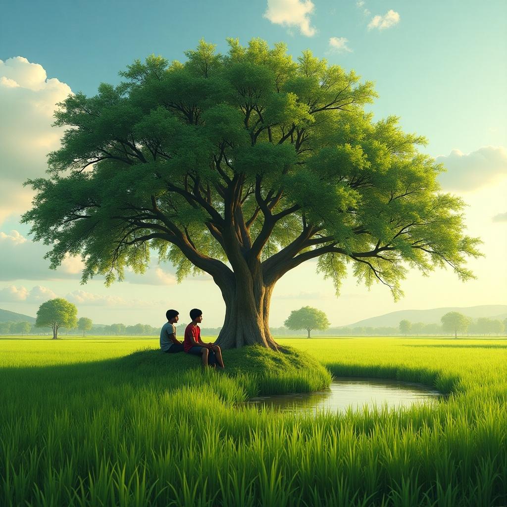 A rural scene with a green field illuminated by sunlight. A big banyan tree is present. Two young boys are sitting under the tree. A small pond is nearby.