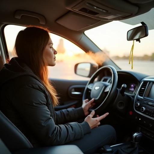 Person enjoying pleasant scent inside a vehicle. Individual sitting in the driver's seat. Warm sunlight filtering through car windows. Cozy atmosphere inside the car. Calm and relaxed demeanor.