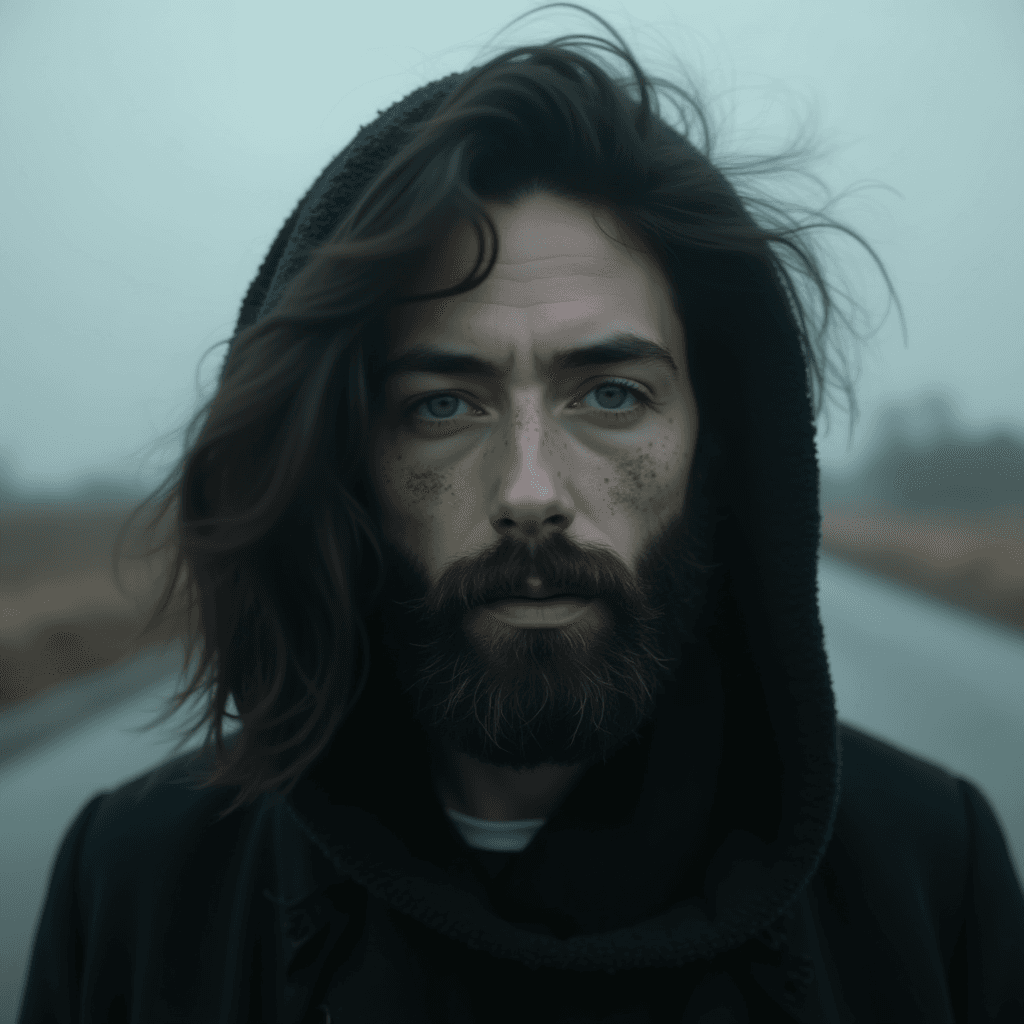 A bearded man with long hair and a hood stands on a foggy rural road, framed by a misty, overcast landscape.